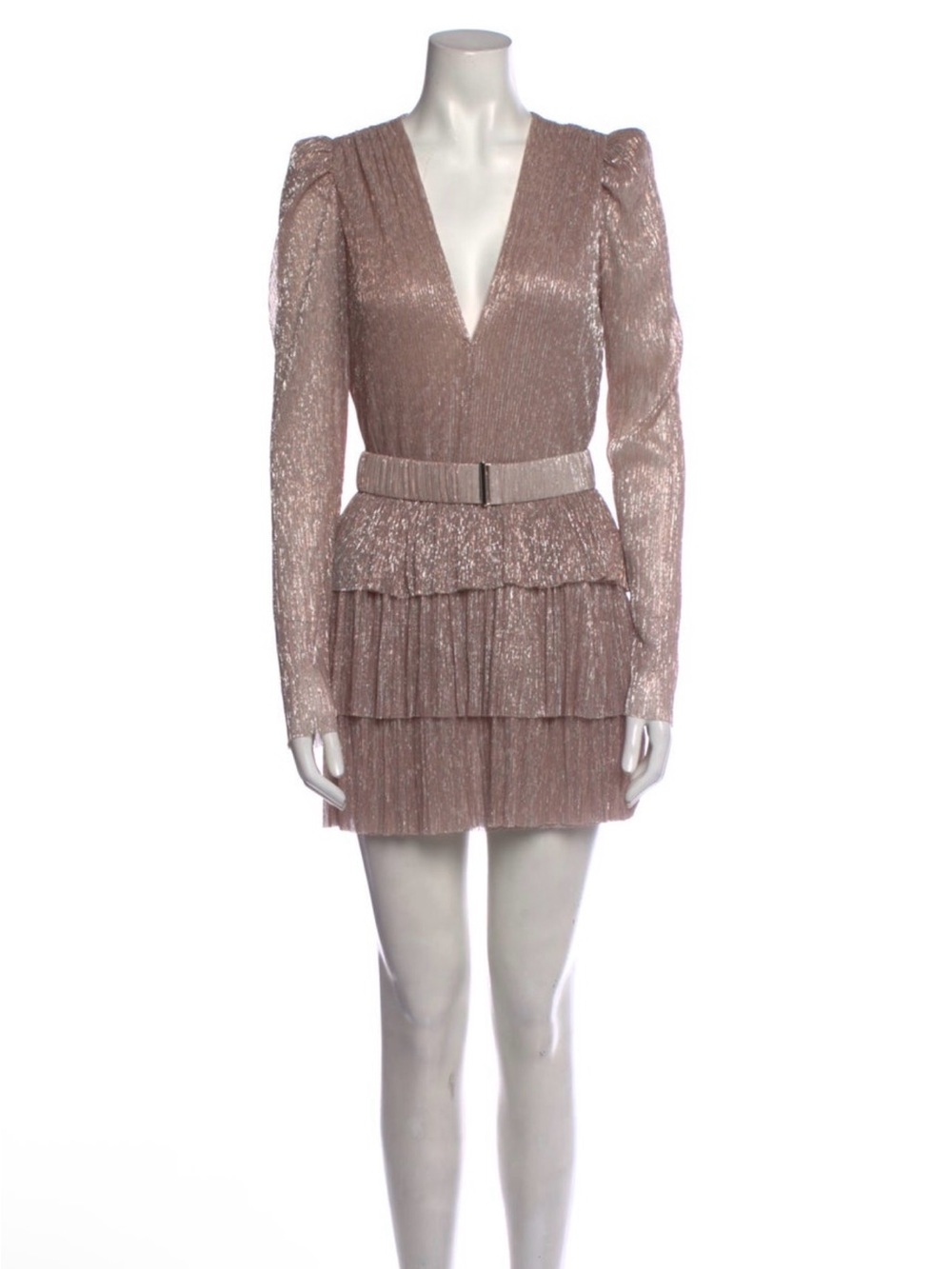 Sabina Musayev Shimmery Blush Pink Long Sleeve Tiered Mini Dress